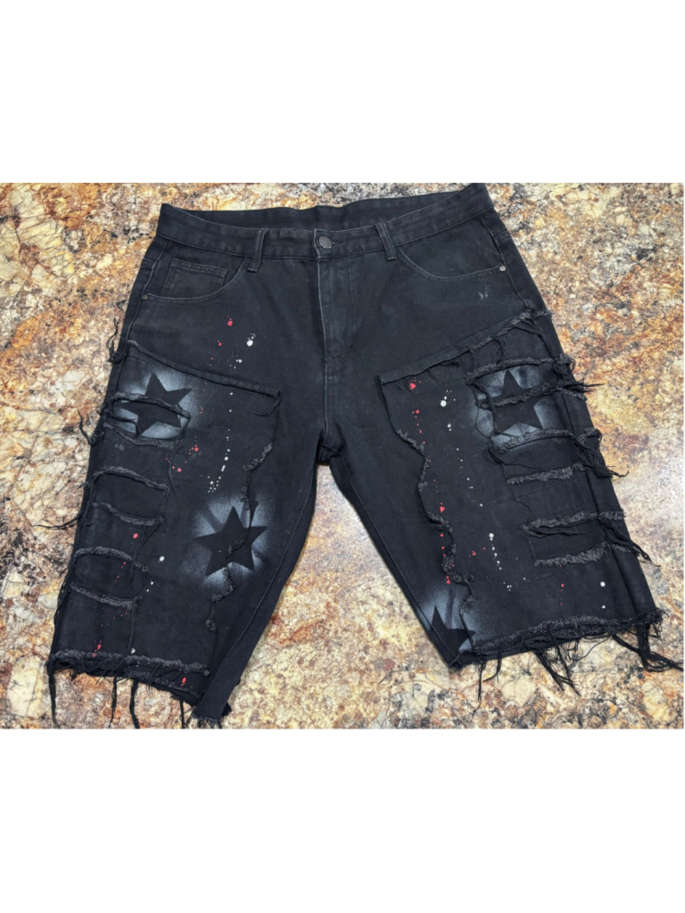 Black Distressed Star Denim Shorts Paint Splatter Jorts Approx 34 Waist